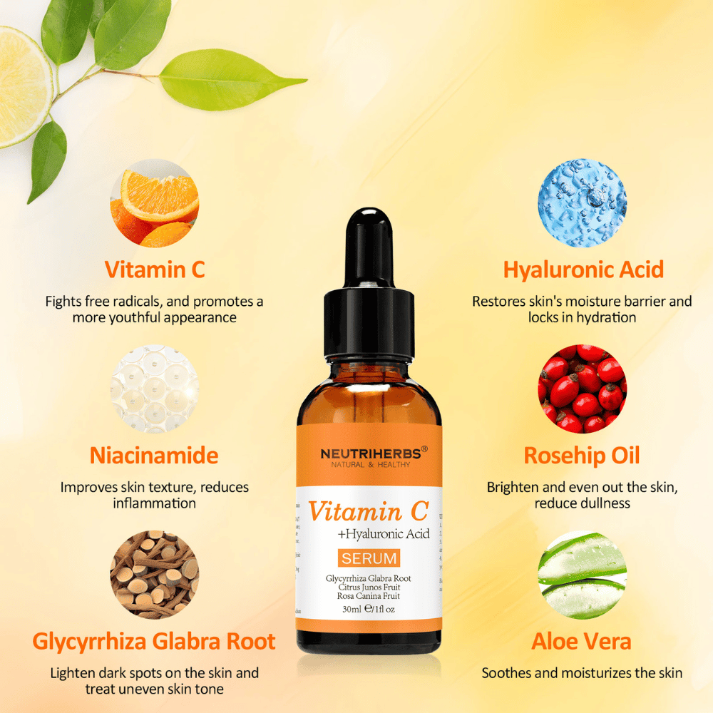 Ilustración de los ingredientes clave de Neutriherbs Vitamin C + Hyaluronic Acid Serum 30 ml. Muestra vitamina C, ácido hialurónico, niacinamida, aceite de escaramujo, raíz de regaliz y aloe vera: ingredientes que hidratan la piel, aportan mayor luminosidad, unifican el tono y fortalecen la barrera cutánea.